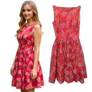 Vintage 1950s Sleeveless Red Pink Floral Swing Dress